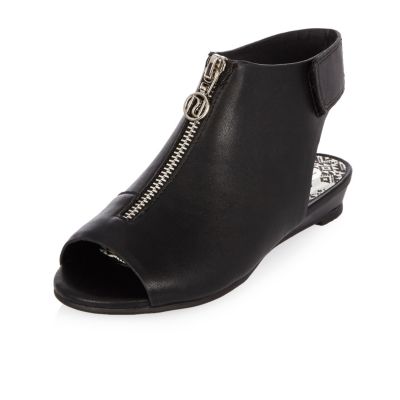 Girls black peep toe wedge boots